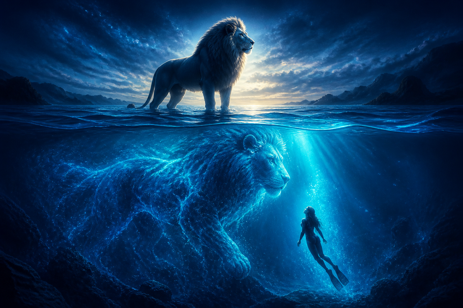 A regal lion''s silhouette reflected and dissolving beneath the surface of deep blue water, a luminous diver''s descent below, deep indigo and aquamarine